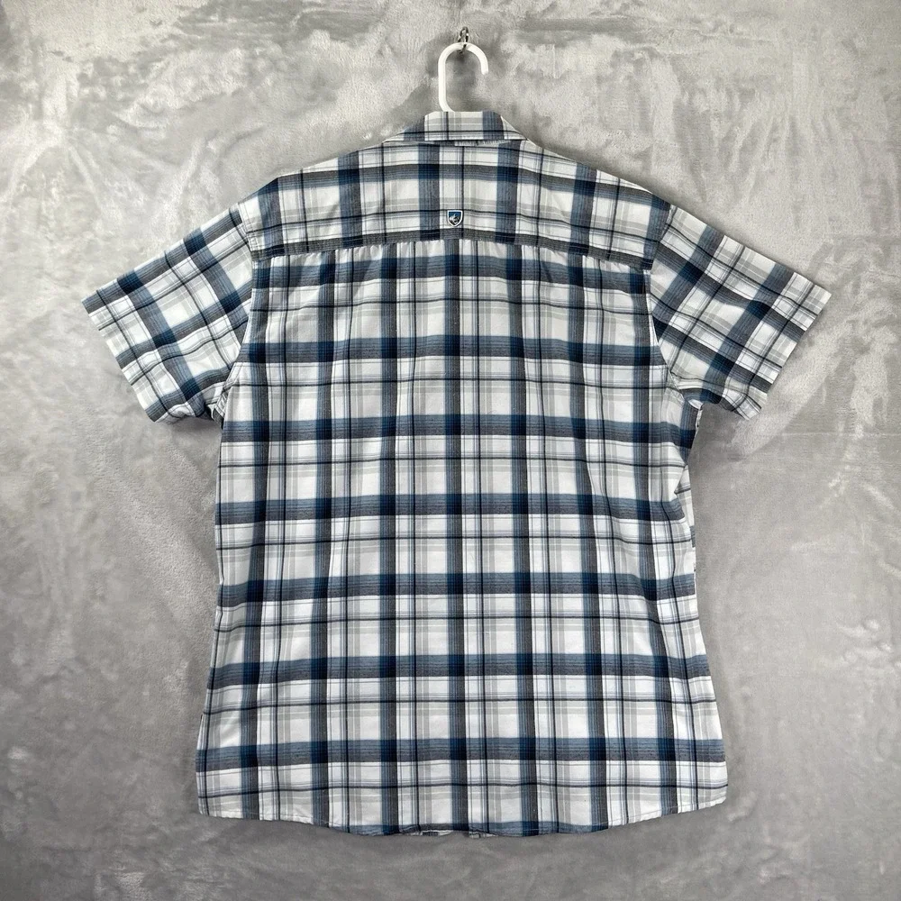 KUHL Shirt Mens Large STYK Button Up Blue Plaid Short Sleeve Pockets Outdoor
